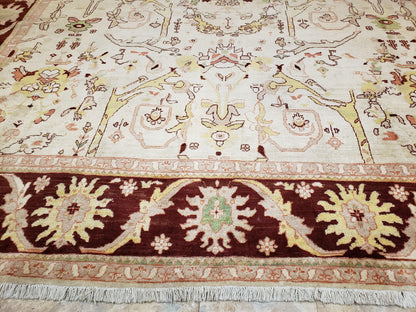 Peshawar Rug Hand Knotted Handmade Wool Oushak Style 10x15 Beige and Maroon Living Room Rug