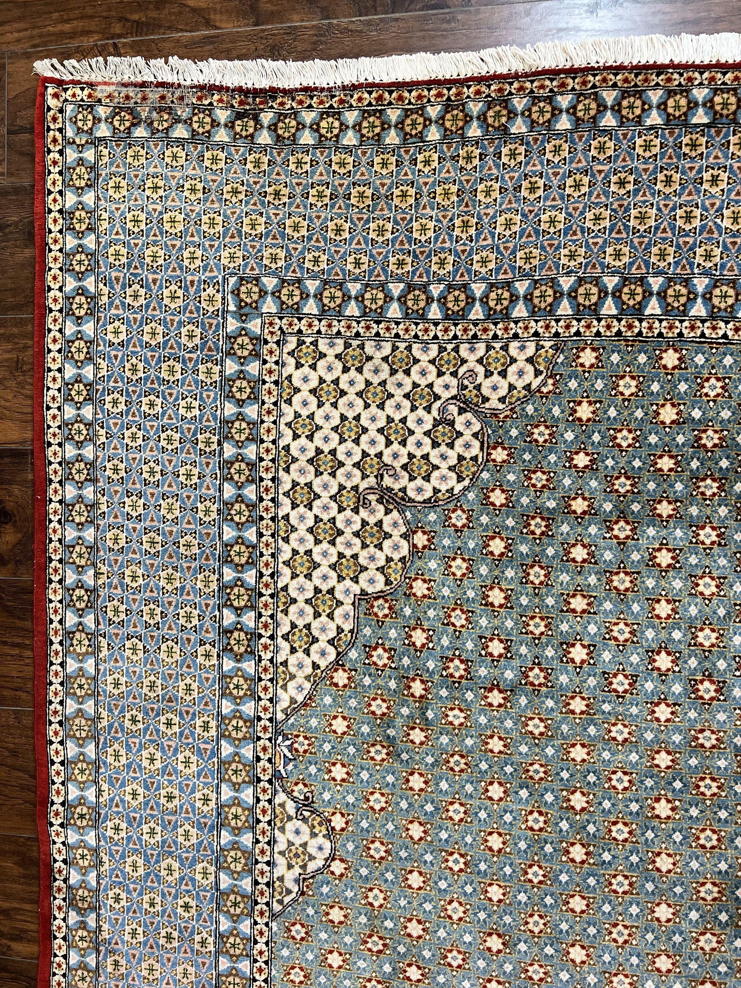 Qum Persian Rug Hand Knotted Wool 8x12 Vintage Star Motifs Blue Ivory