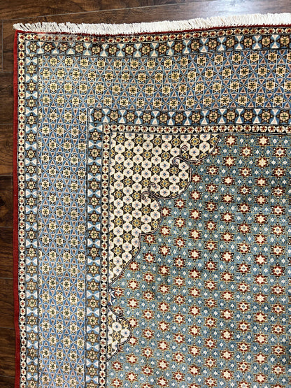 Qum Persian Rug Hand Knotted Wool 8x12 Vintage Star Motifs Blue Ivory