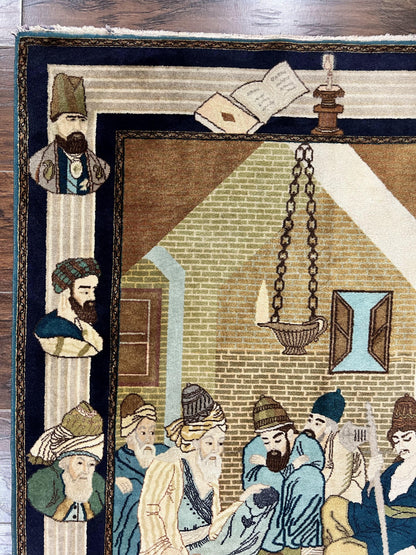 Persian Tabriz Pictorial Rug 3x5 Hand Knotted Wool Wall Hanging Vintage Semi Antique