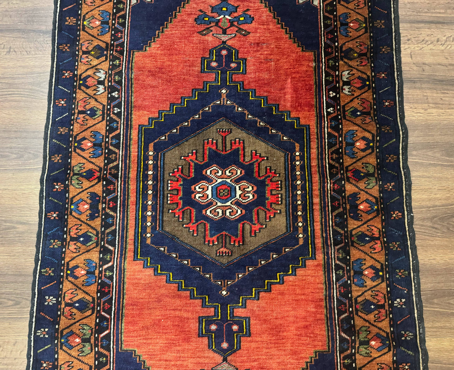Persian Nahavand Rug 3x6 Geometric Medallion Village Tribal Design In Terracotta And Navy