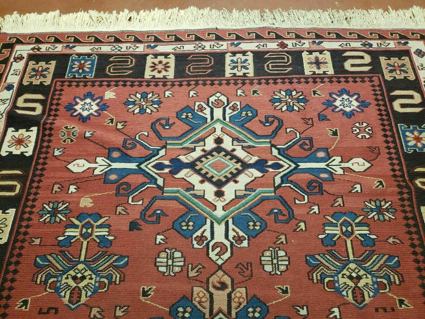 Vintage Russian Kilim Rug Soumak Flat Weave Wool 4x6 Caucasian Handmade 1980s