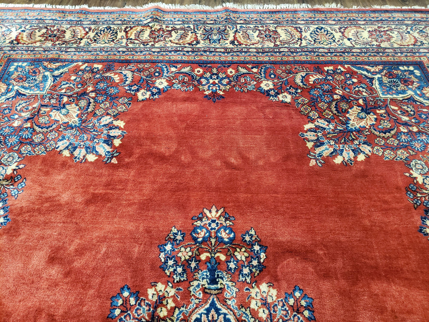 Semi Antique Persian Sarouk Rug 9x12 Hand Knotted Wool With Central Medallion Tomato Red