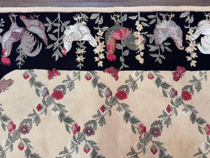 Vintage Hooked Rug 7x9 Rooster Border With Roses And Butterflies