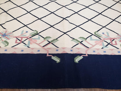 Vintage Wool Dhurrie Rug Handwoven Indian Kilim Flatweave Black White