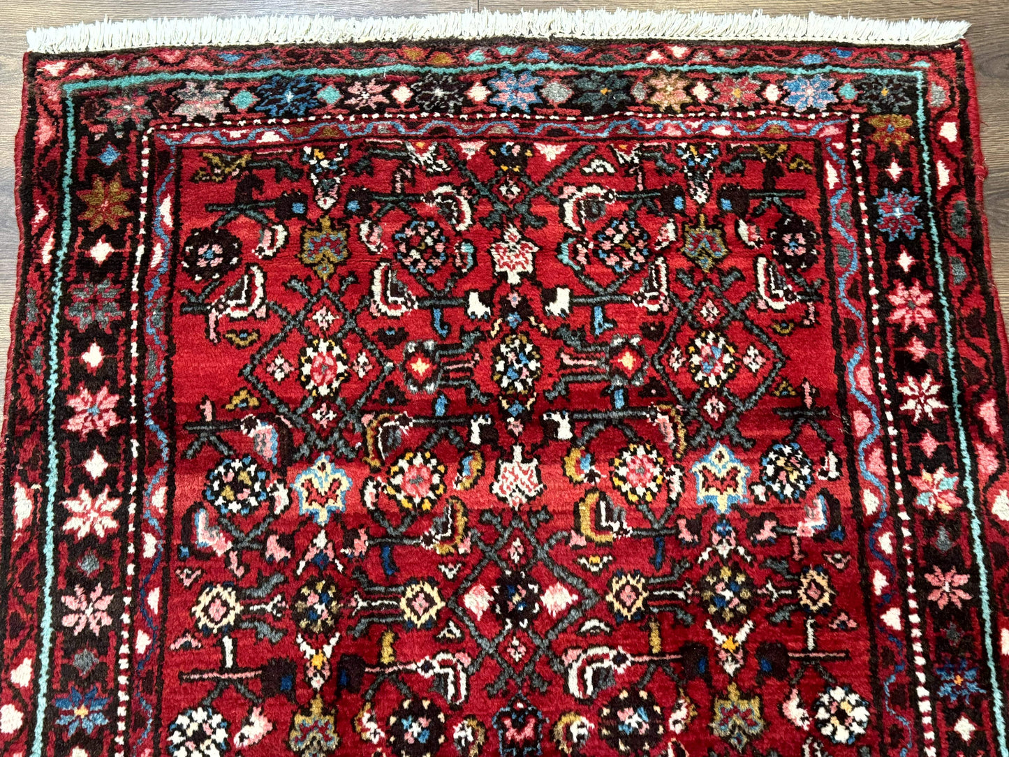 Red Persian Rug Hamadan 4x7 Vintage Wool Village Carpet With Floral Geometric Border