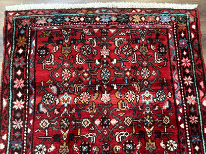 Red Persian Rug Hamadan 4x7 Vintage Wool Village Carpet With Floral Geometric Border