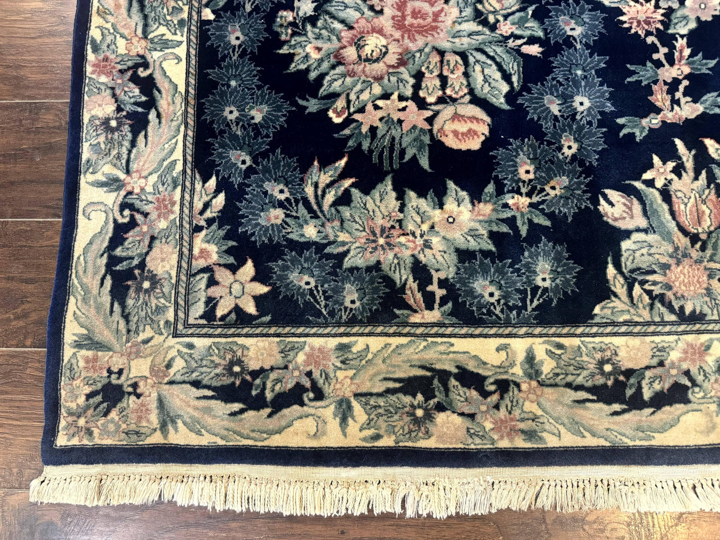 Sino Persian Rug 6x9 Navy Blue Floral Handwoven Wool Area Rug Vintage