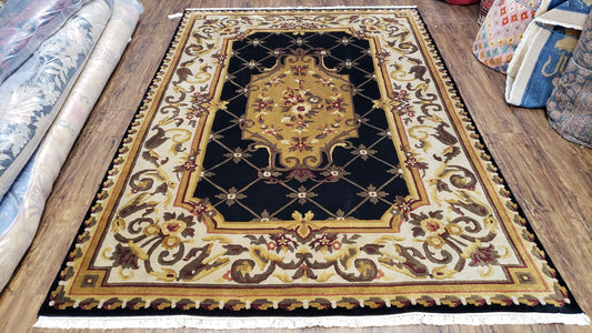 Nepal Rug 6x9 Hand Knotted Wool Aubusson Area Rug Black Beige Tibetan Savonnerie Style