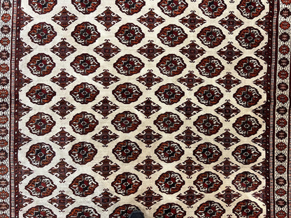 Persian Turkoman Rug Yamud 7x8 Hand Knotted Cream Red Bohemian Tribal Carpet