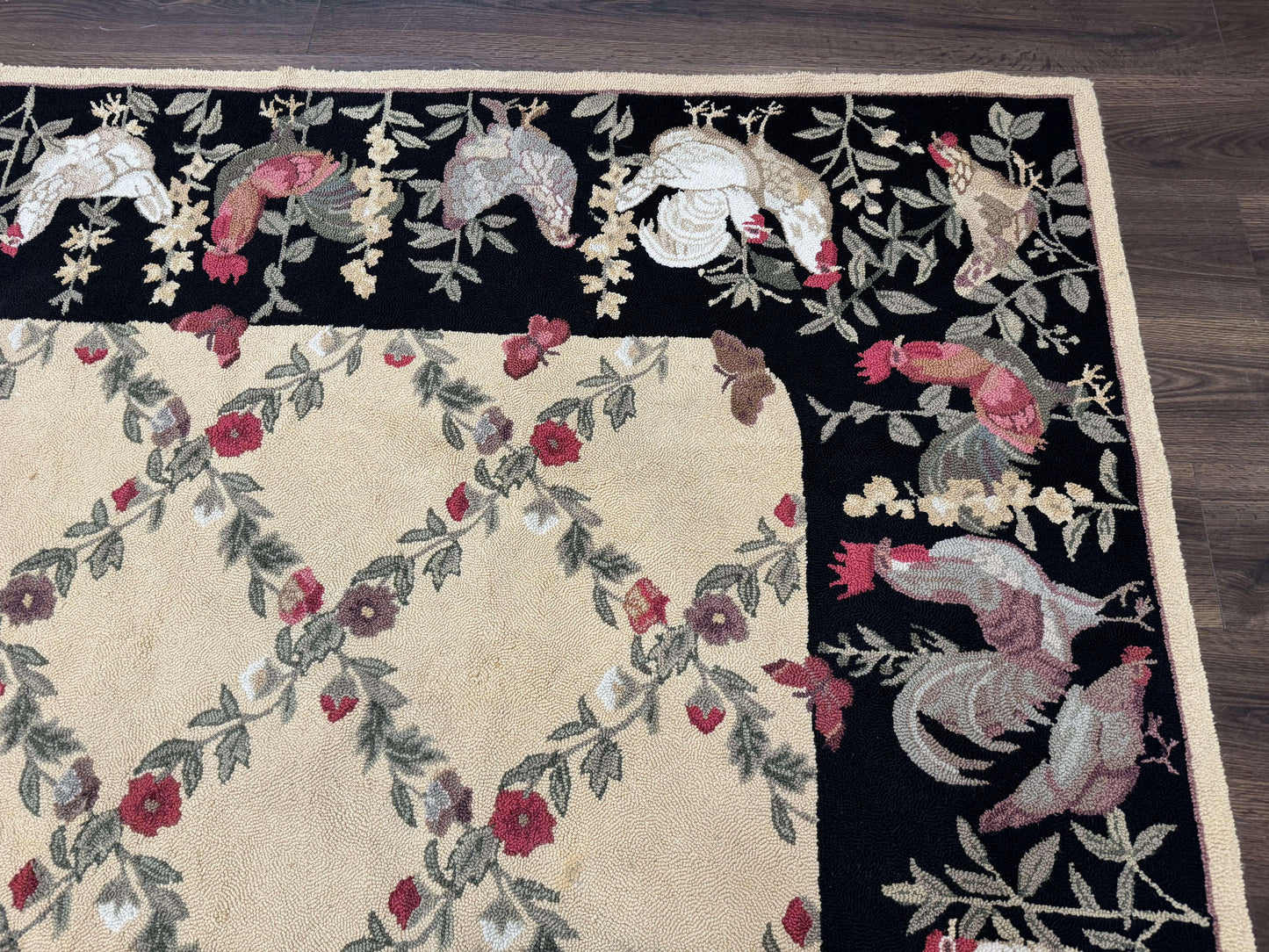 Vintage Hooked Rug 7x9 Rooster Border With Roses And Butterflies