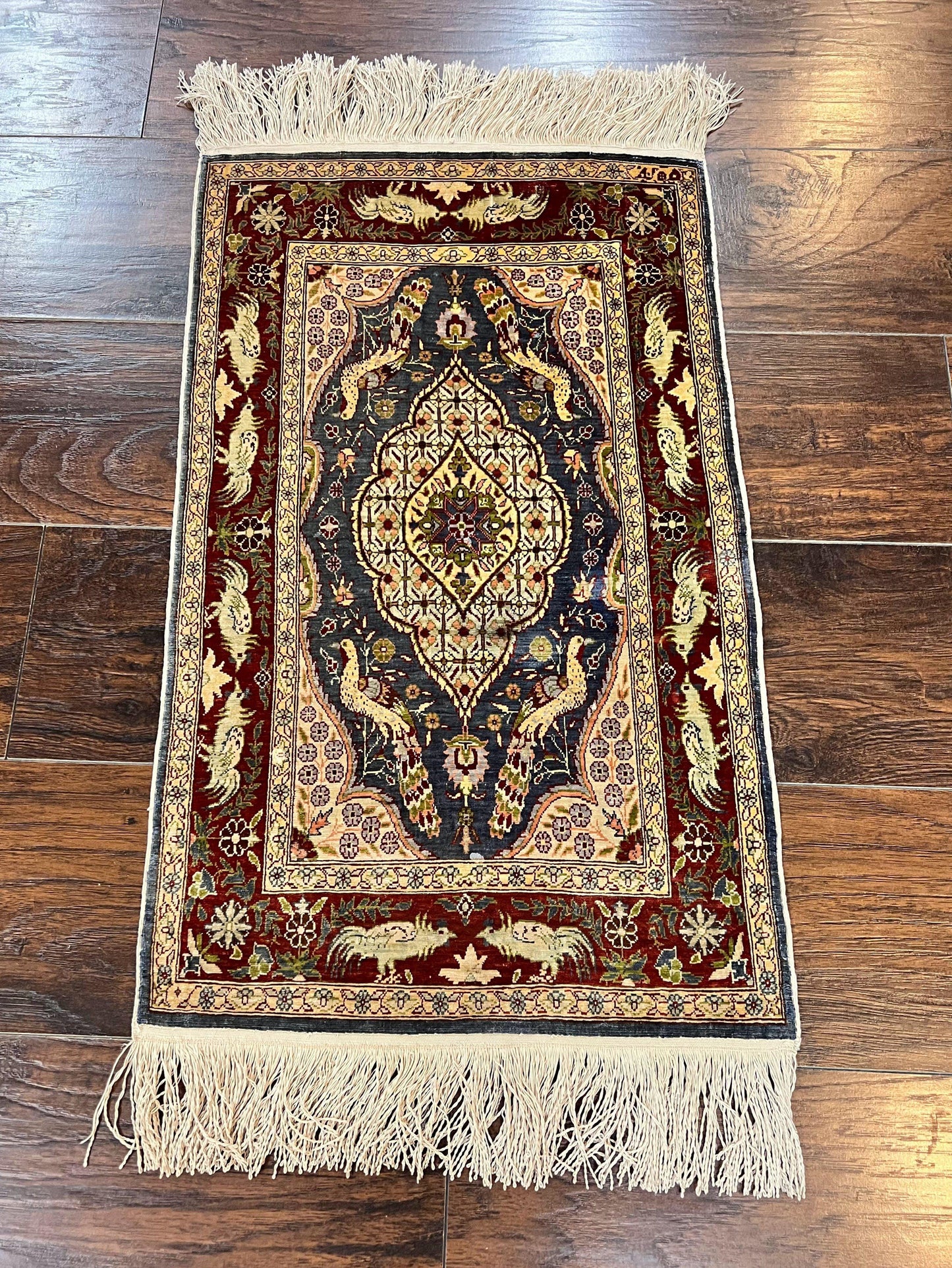 Silk Turkish Hereke Rug 2x3 Peacocks Birds Hand Knotted by Master Weaver 550 KPSI Animal Pictorial