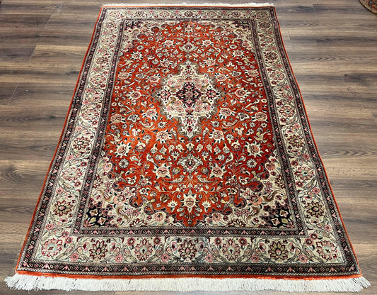 Persian Qum Silk Rug 5x7 Floral Medallion Birds Orange Red Hand Knotted