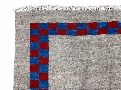 Turkish Kilim Rug Hand Knotted Wool Geometric Gray Blue Red Border 5 Ft 7 In By 7 Ft 7 In