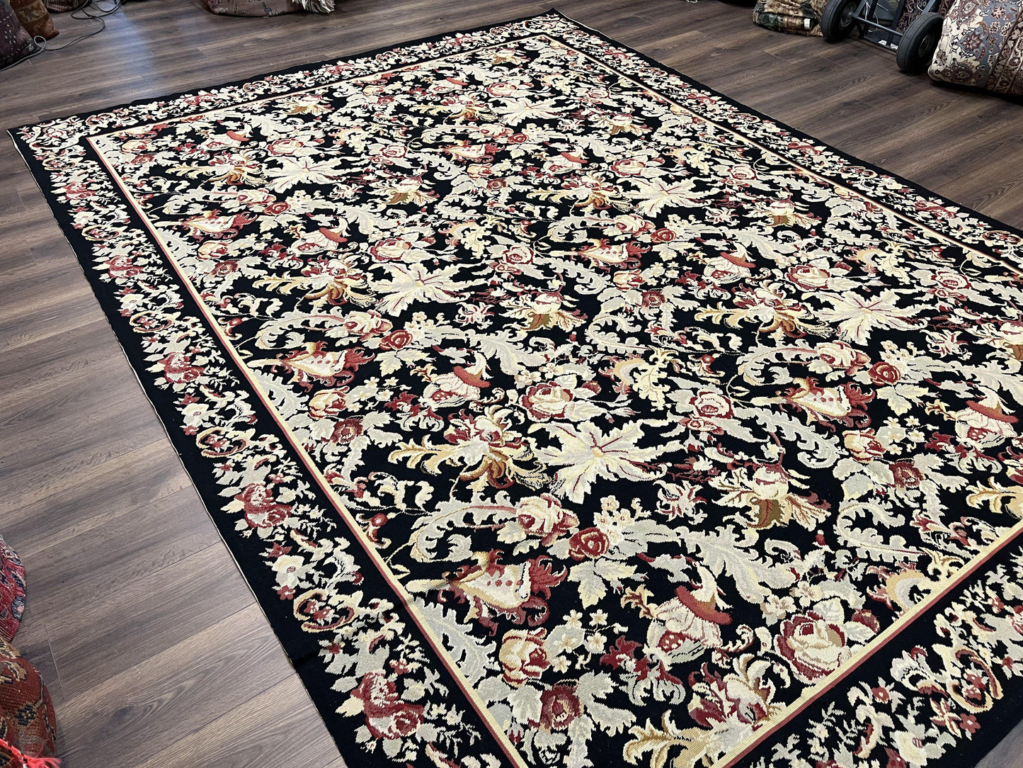 Wool Needlepoint Rug 9x12 William Morris Vintage Handwoven Floral Area Rug