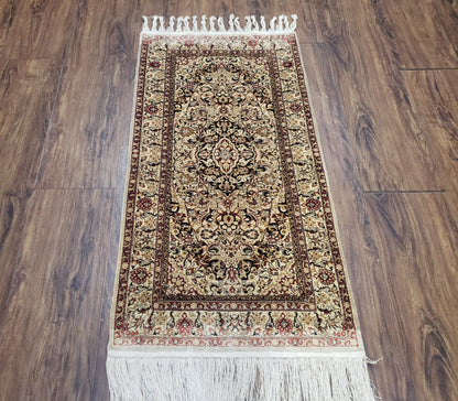 Hand Knotted Silk Oriental Rug 1 Foot 7 Inch By 3 Foot Floral Medallion Vintage Cream Beige