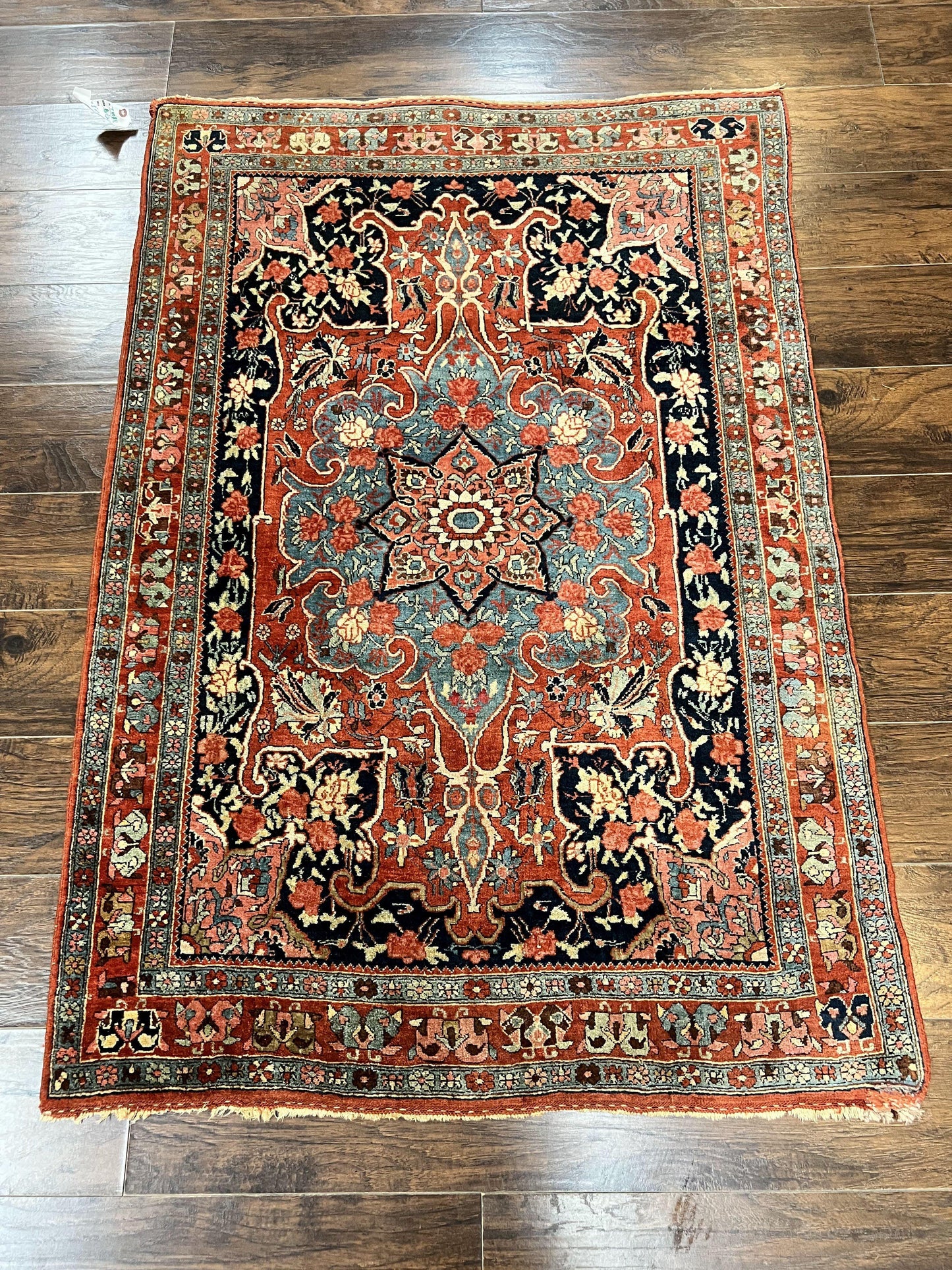 Persian Bidjar Rug 4x5 Hand Knotted Wool Carpet Red And Blue Antique