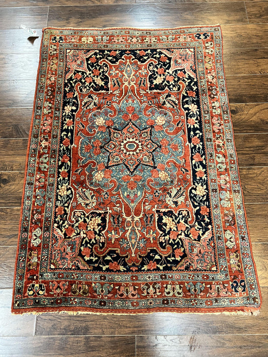 Persian Bidjar Rug 4x5 Hand Knotted Wool Carpet Red And Blue Antique