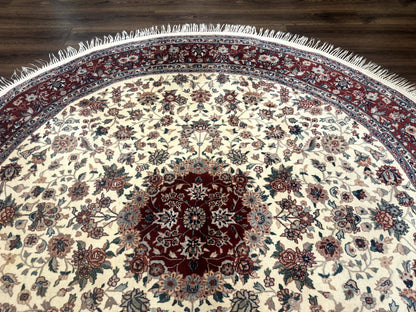 Sino Persian Round Rug 8x8 Wool And Silk Floral Medallion Ivory Red
