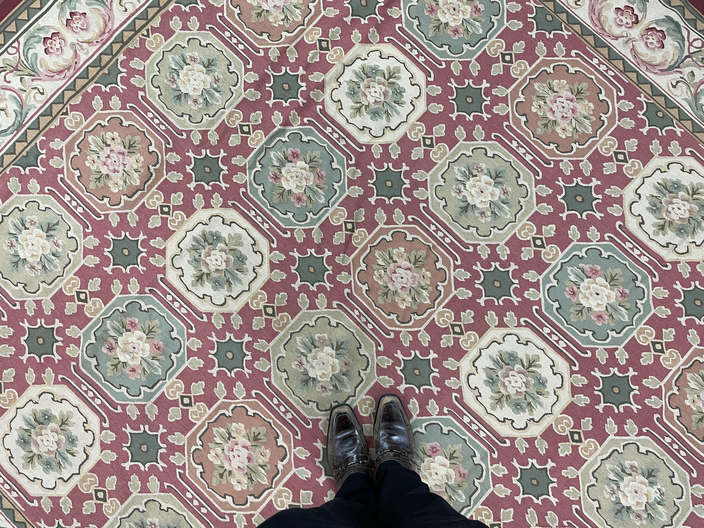 Square Aubusson Rug 9x9 Hand Knotted Wool Needlepoint Panel Design European