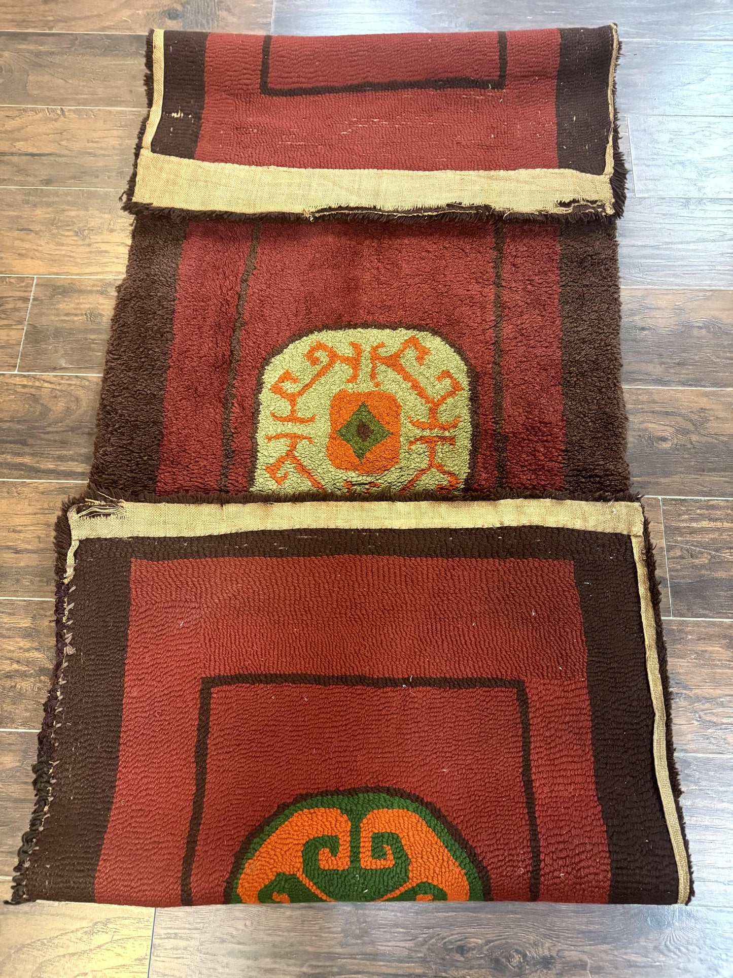 German Hooked Runner Rug 3x8 Vintage Wool Handmade Red Authentic Antique Style
