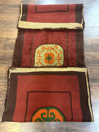 German Hooked Runner Rug 3x8 Vintage Wool Handmade Red Authentic Antique Style