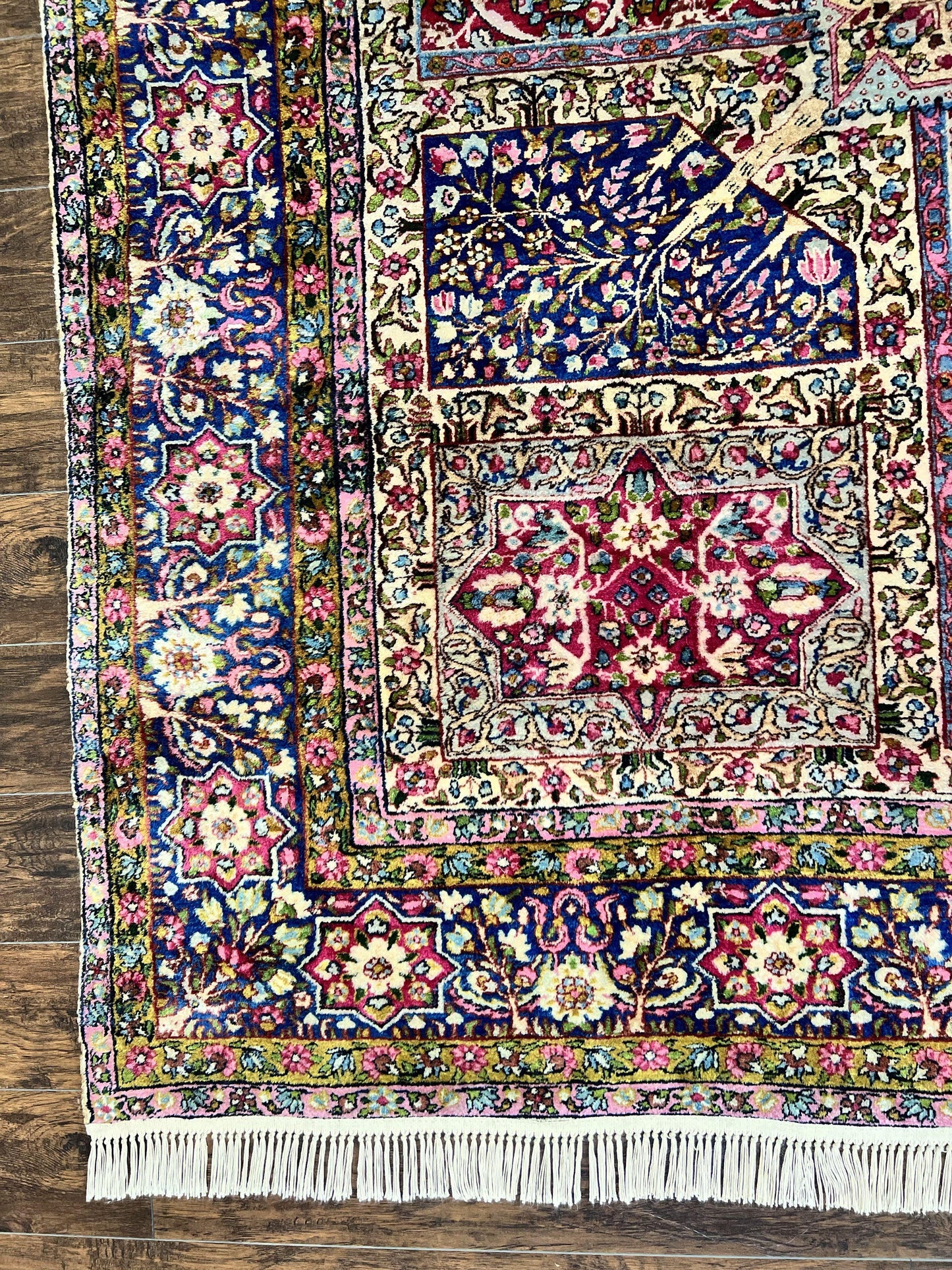 Persian Kirman Lavar Rug 8x9 Handmade Wool Carpet With Antique Floral Garden Panel Design