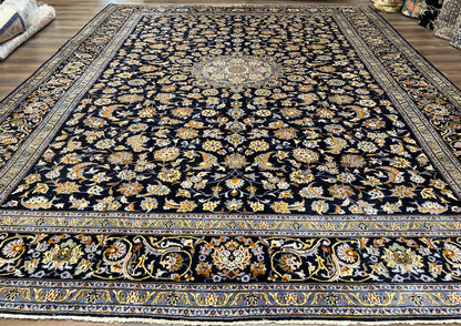 Navy Blue Persian Kashan Rug 11x13 Hand Knotted Wool Antique Carpet Signed Rabani