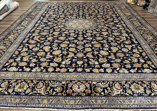 Navy Blue Persian Kashan Rug 11x13 Hand Knotted Wool Antique Carpet Signed Rabani