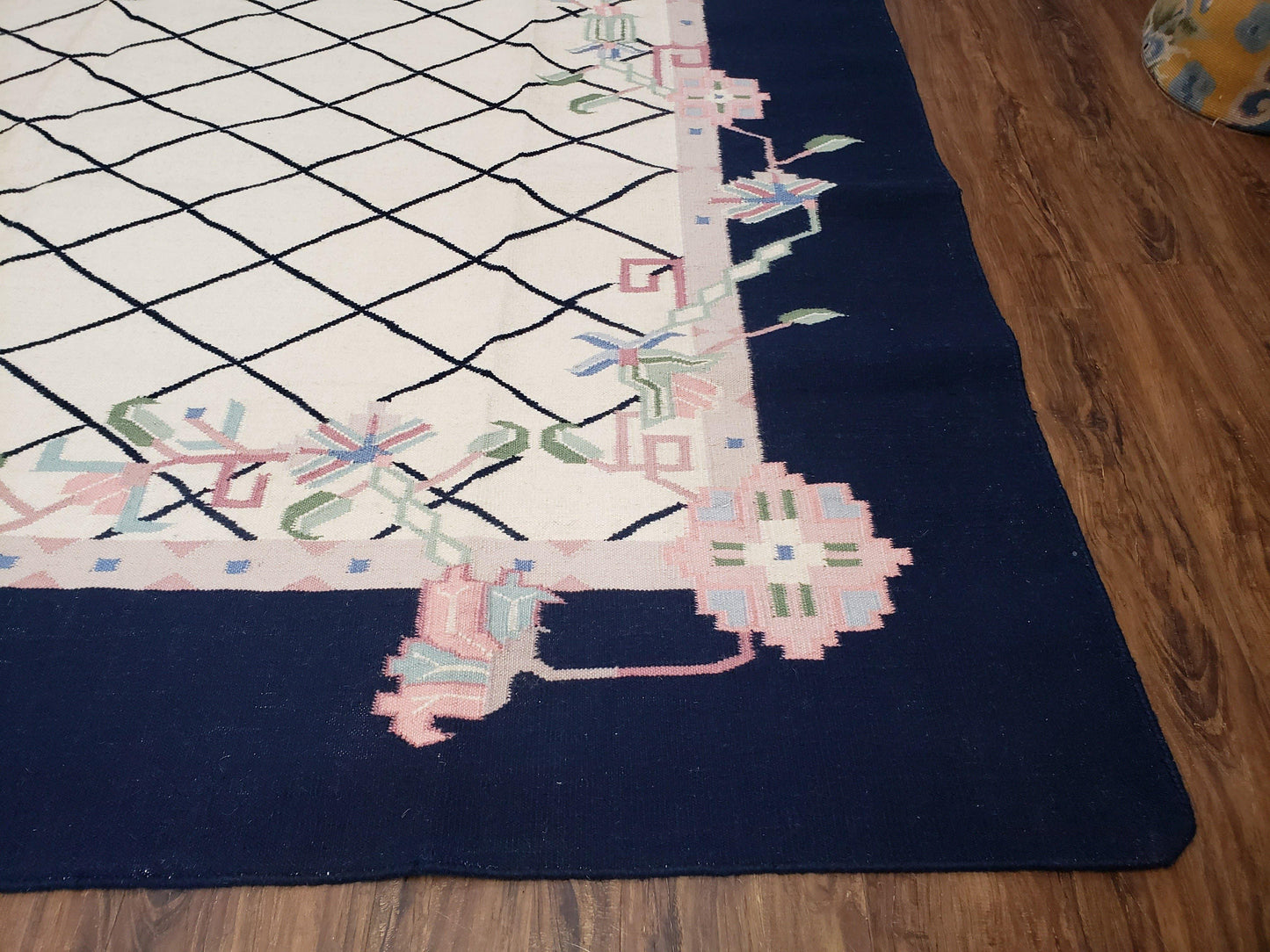 Vintage Wool Dhurrie Rug Handwoven Indian Kilim Flatweave Black White