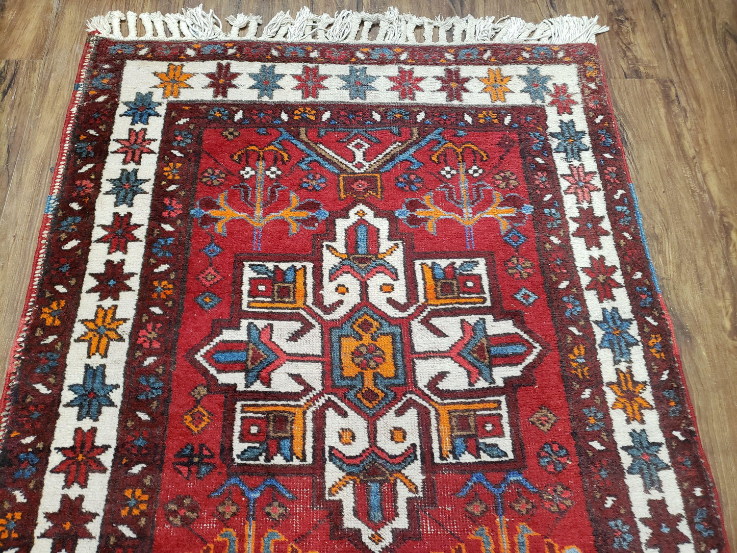 Antique Persian Heriz Karajeh Runner Rug Hand Knotted Wool Red 3 Ft 3 In By 10 Ft 11 In