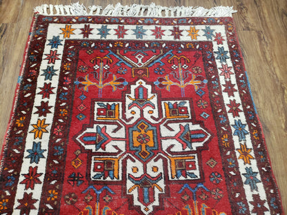 Antique Persian Heriz Karajeh Runner Rug Hand Knotted Wool Red 3 Ft 3 In By 10 Ft 11 In