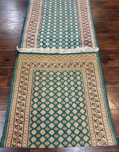 Pakistani Runner Rug 2.8 X 20 Hand Knotted Vintage Wool Turkoman Teal Tan