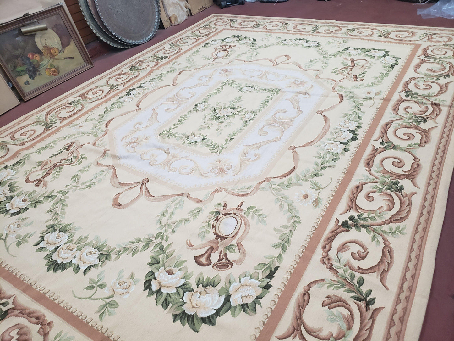 Aubusson Rug 10 X 14 Handwoven Wool Carpet Cream Ivory European Style