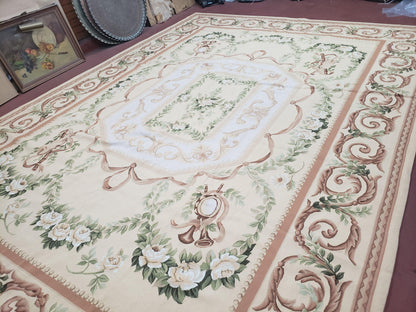 Aubusson Rug 10 X 14 Handwoven Wool Carpet Cream Ivory European Style