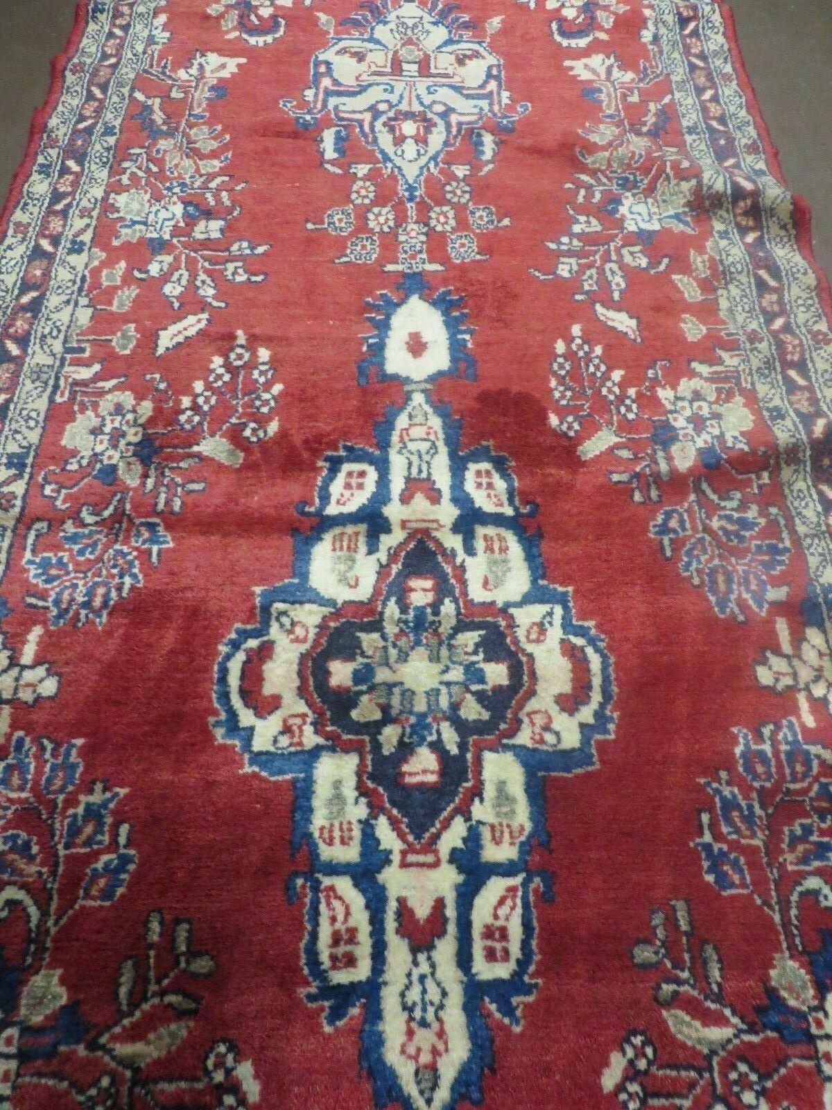 Persian Runner Rug 3x12 Vintage Wool Oriental Floral Red And Navy