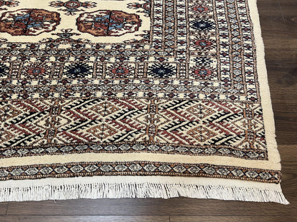 Pakistani Bokhara Rug 8x10 Vintage Handmade Turkoman Carpet With Elephant Foot Motif Ivory Cream Black Red