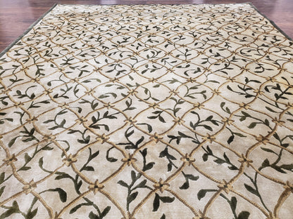 Vintage Tibetan Area Rug 9x12 Hand Knotted Wool Nepali Beige Soft Pile For Living Room