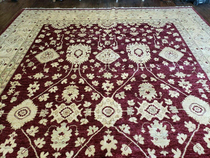 Peshawar Rug Pakistani Handmade Floral Carpet 9ft10in X 14ft1in Maroon Beige
