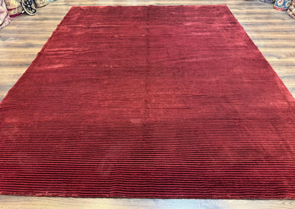 Handmade Tibetan Rug 8x10 Wool Stripe Red Thick Pile Carpet