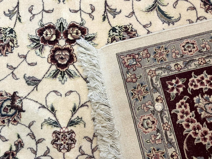 Sino Persian Rug 9x12 Hand Knotted Wool Silk Highlights Floral Allover Ivory And Dark Maroon