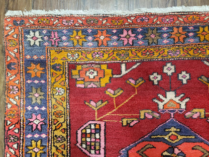 Persian Karajeh Runner Rug Antique Hand Knotted Wool 4.4 By 11 Ft Red Geometric Medallion