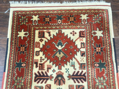 Turkish Runner Rug 2.4 By 8 Feet Kazak Geometric Heriz Pattern Beige And Red Hand Knotted Wool
