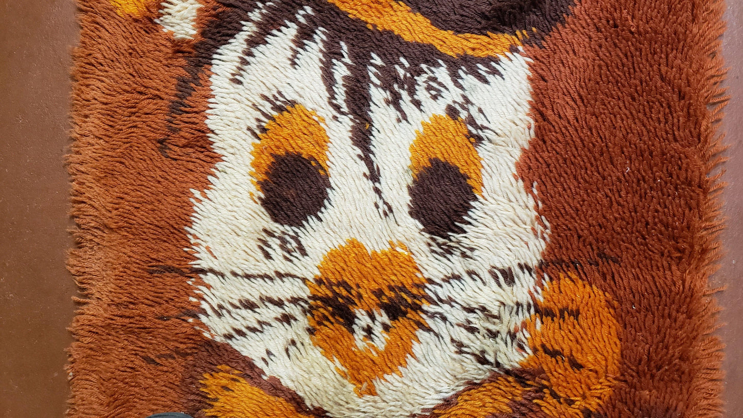 Rya Shag Rug 2x3 Mid Century Modern Danish Wool Accent Rug Dark Orange 1960s Style