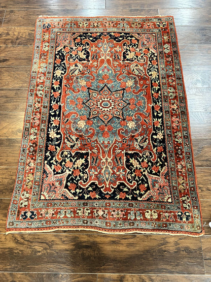Persian Bidjar Rug 4x5 Hand Knotted Wool Carpet Red And Blue Antique