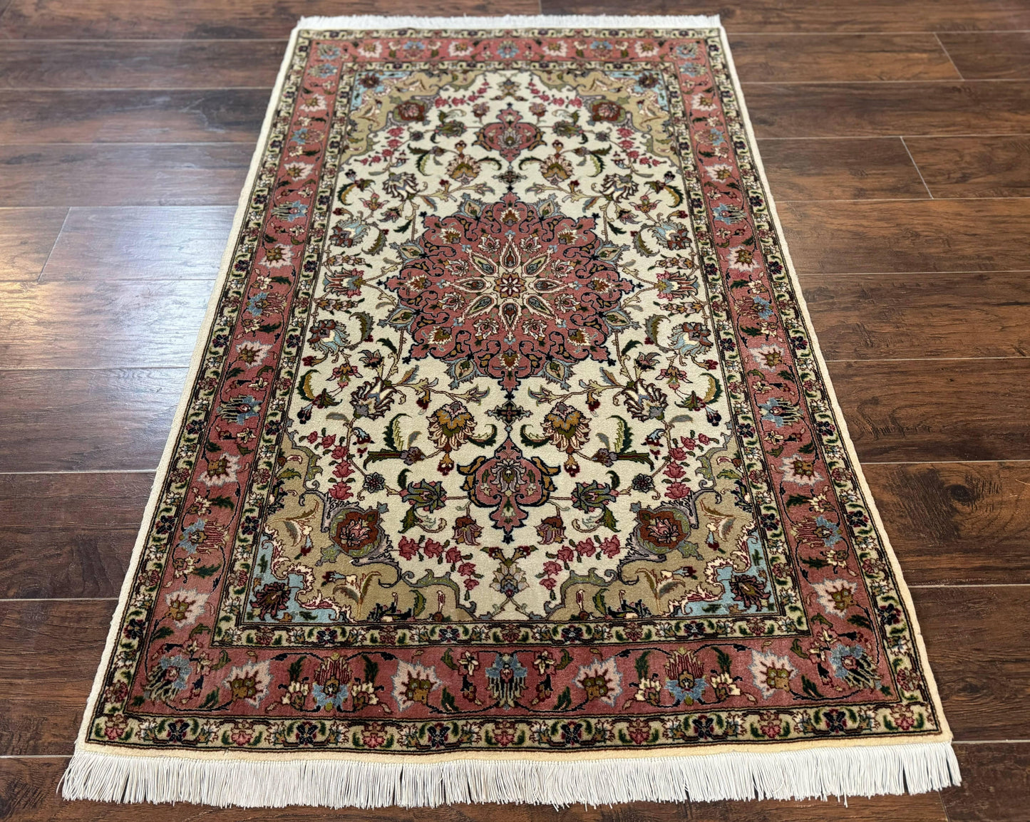 Fine Persian Tabriz Rug 3x5 Hand Knotted Wool Floral Medallion Ivory Salmon 340 KPSI