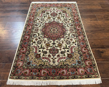 Fine Persian Tabriz Rug 3x5 Hand Knotted Wool Floral Medallion Ivory Salmon 340 KPSI