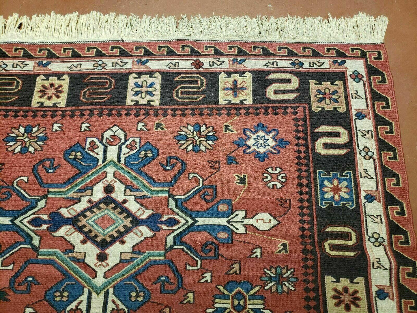 Vintage Russian Kilim Rug Soumak Flat Weave Wool 4x6 Caucasian Handmade 1980s