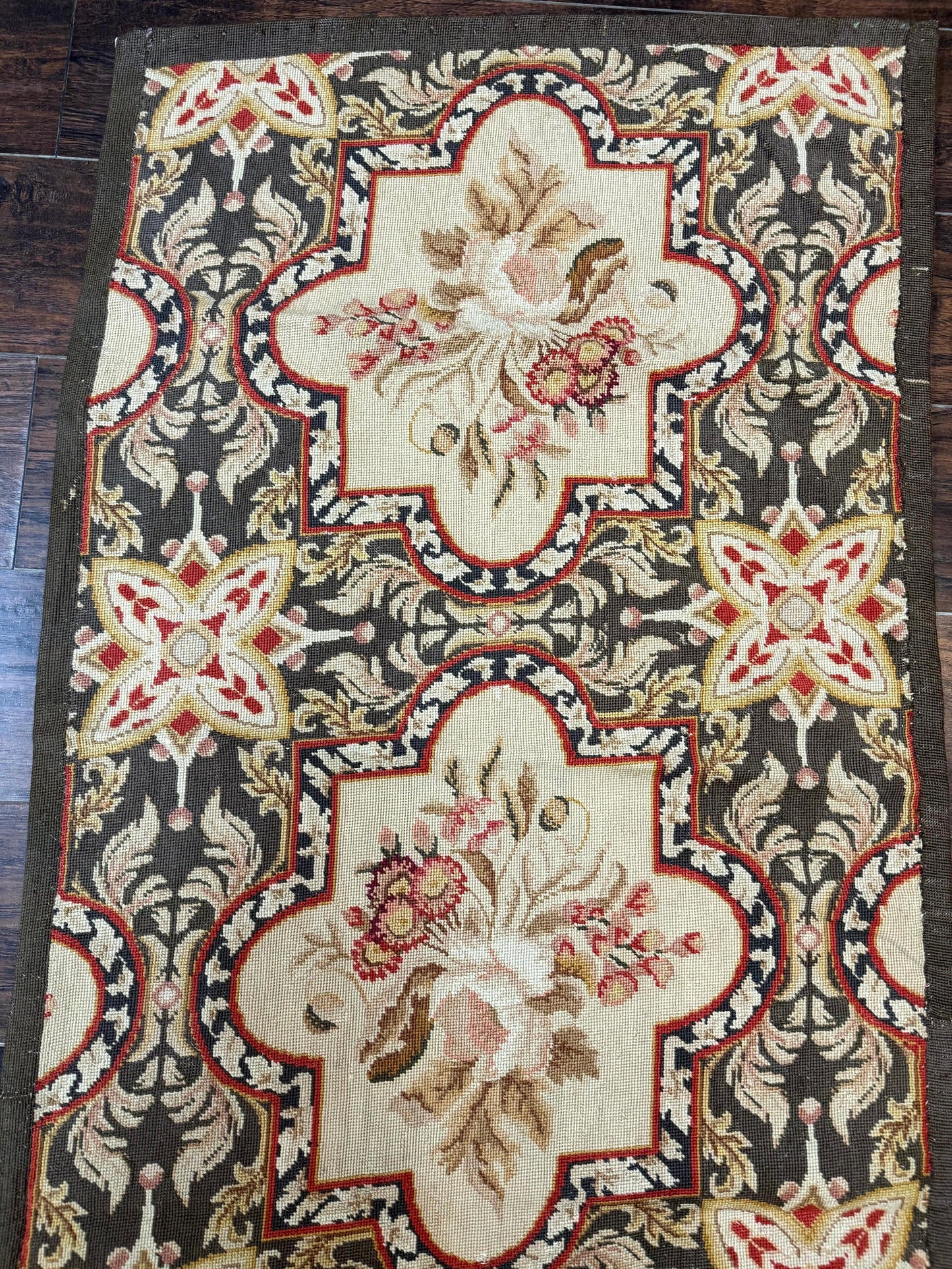 Needlepoint Runner Rug European French Design Handmade Wool Vintage