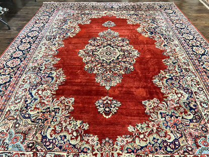 Persian Sarouk Rug 11x14 Handmade Wool Floral Red And Blue Semi Antique